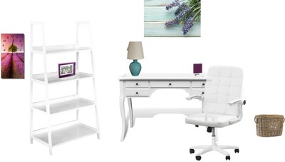 Birou cu mobilier alb și decorațiuni colorate