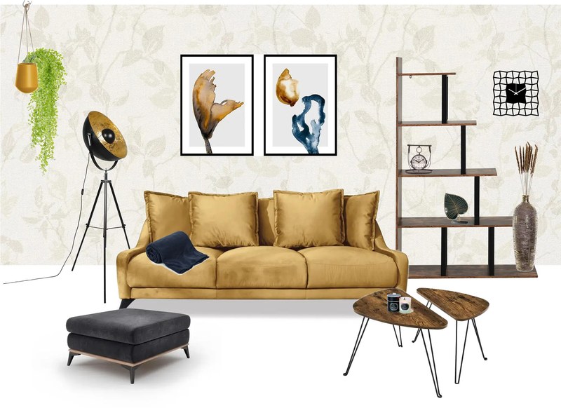 Camera de zi modernă cu canapea galbena