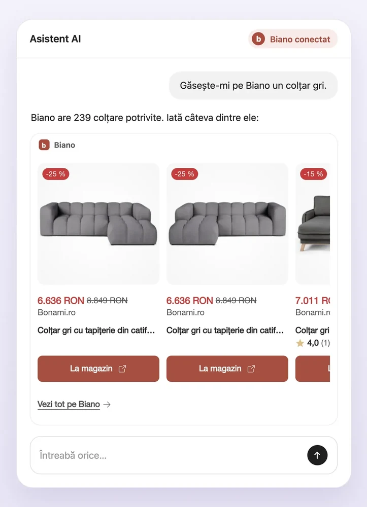Biano în asistentul AI: carduri de colțare cu preț, magazin și buton către magazin