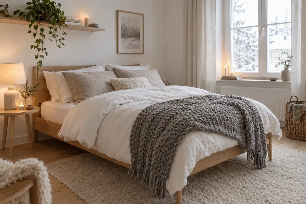 Dormitor scandinav cu pat din stejar, lenjerie din in, cuvertură gri împletită și lumânări