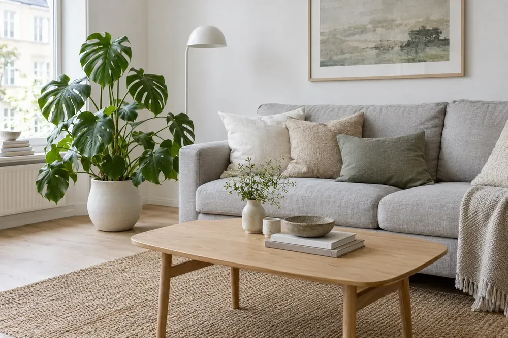 Living scandinav cu canapea gri deschis, măsuță din stejar, covor din iută și monstera