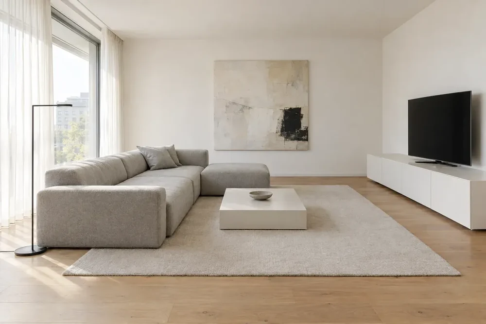 Interior minimalist cu canapea modulară gri, pereți albi și comodă TV