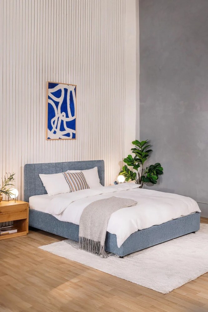 Pat matrimonial albastru tapițat cu spațiu de depozitare cu somieră 180x200 cm Myra Slim Line – Bonami Selection