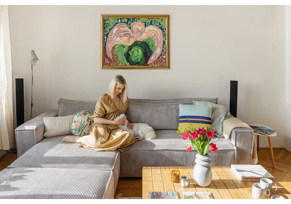 Colțar gri deschis extensibil cu tapițerie din catifea reiată (cu colț variabil) Nihad – Bobochic Paris