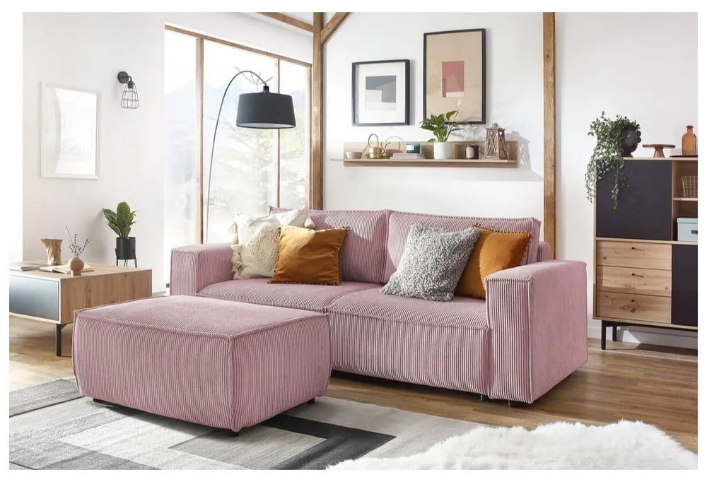 Canapea roz-deschis extensibilă cu tapițerie din catifea reiată 245 cm Nihad – Bobochic Paris