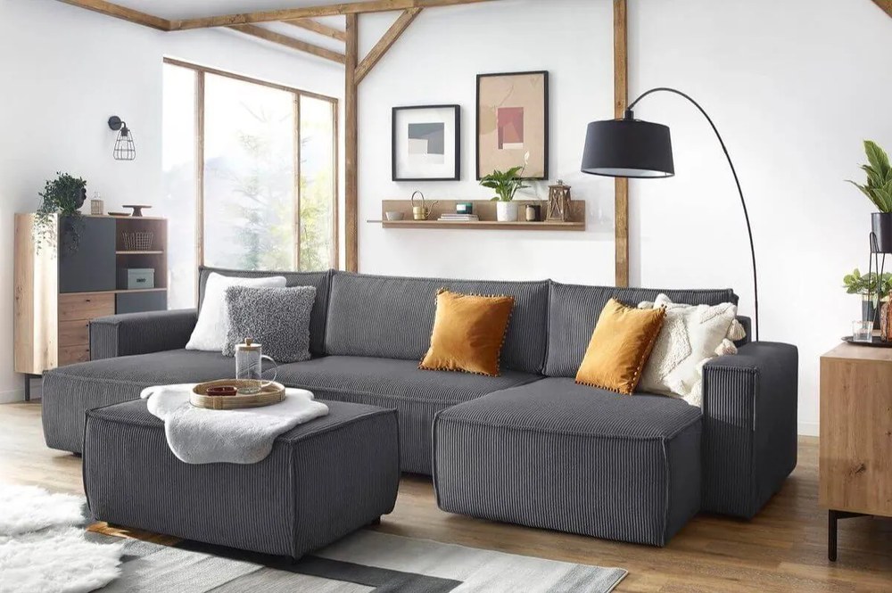 Colțar gri închis extensibil cu tapițerie din catifea reiată (în formă de "U") Nihad – Bobochic Paris