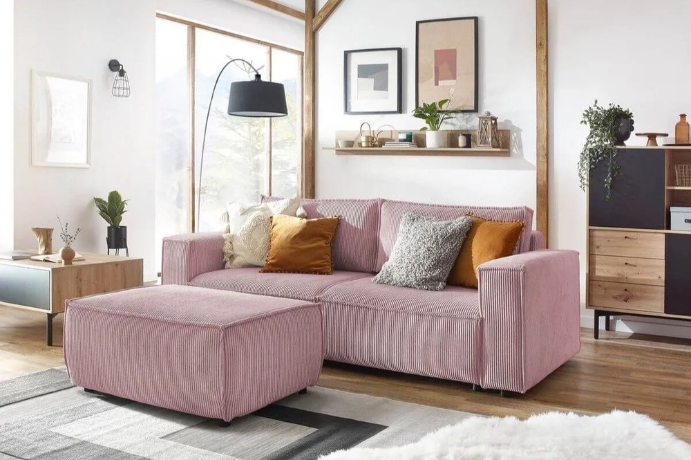 Taburet roz deschis cu tapițerie din catifea reiată Nihad – Bobochic Paris