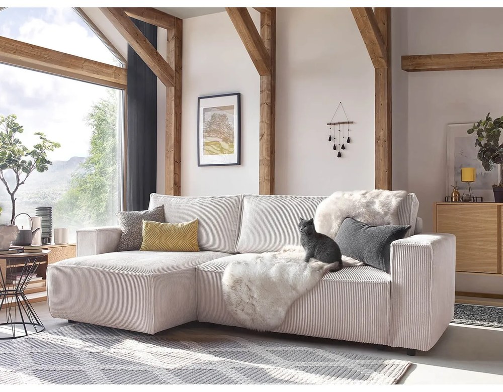 Colțar alb-bej extensibil cu tapițerie din catifea reiată (cu colț variabil) Nihad – Bobochic Paris