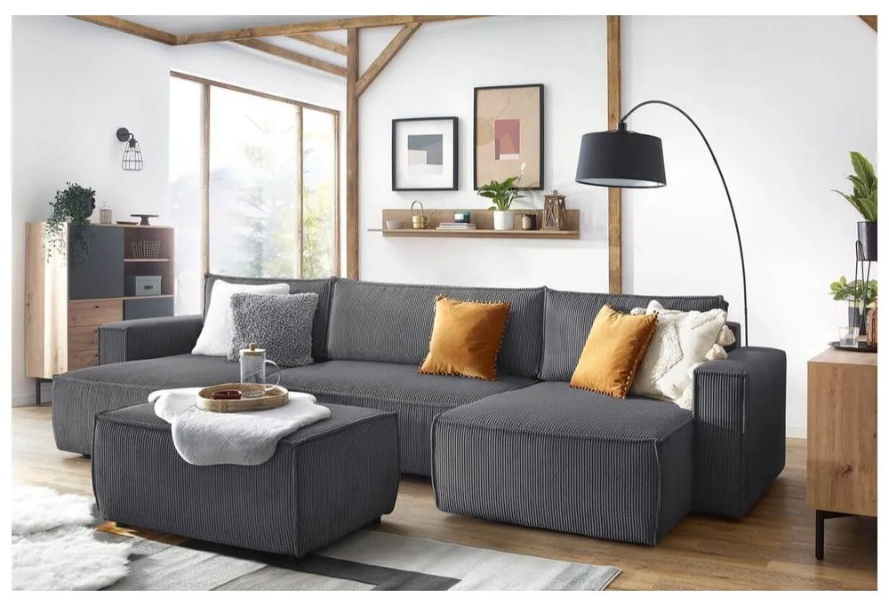 Colțar gri închis extensibil cu tapițerie din catifea reiată (în formă de "U") Nihad – Bobochic Paris