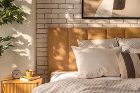 Pat matrimonial galben muștar tapițat cu spațiu de depozitare cu somieră 160x200 cm Thessa Bold Line – Bonami Selection