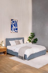 Pat matrimonial albastru tapițat cu spațiu de depozitare cu somieră 180x200 cm Myra Slim Line – Bonami Selection