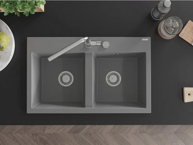 Mexen Hektor chiuvetă din granit cu 2 compartimente 800 x 480 mm, gri, sifon crom - 6521802000-71