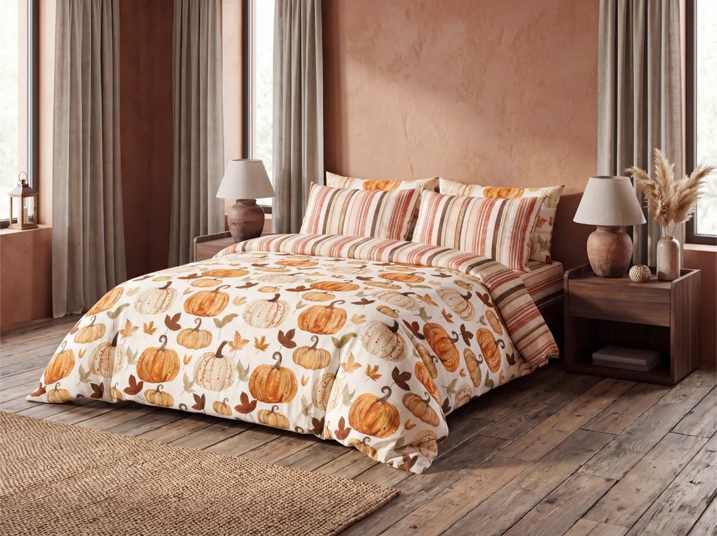 Lenjerie de pat flanelata PUMPKINS & STRIPES colorata Dimensiune lenjerie de pat: 2 buc 70 x 90 cm | 200 x 220 cm