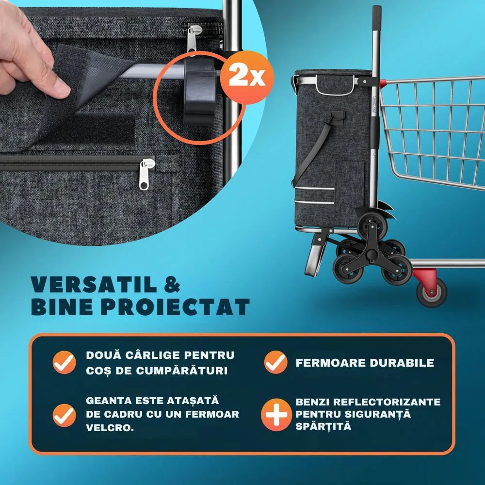 Geantă de cumpărături pe roți pentru scări COMFORT, 50L, negru Jurhan
