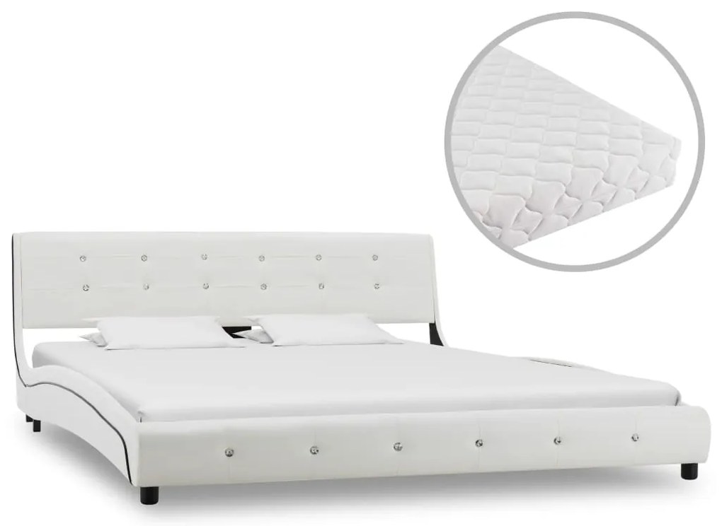 vidaXL Pat cu saltea, alb, 160 x 200 cm, piele ecologică