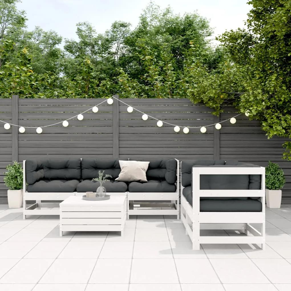 3250809 vidaXL Set mobilier de grădină cu perne, 6 piese, alb, lemn masiv pin