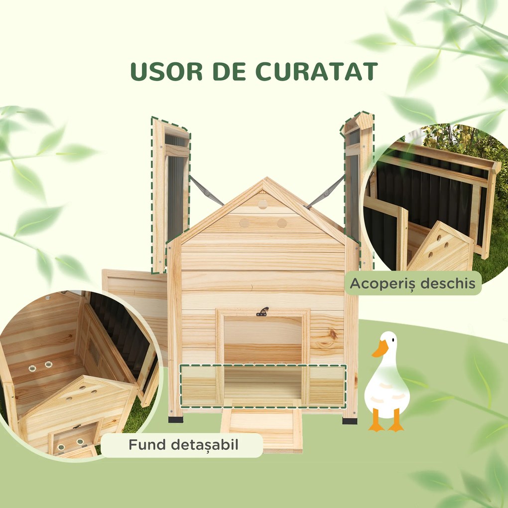 PawHut Căsuță pentru Rațe de Exterior, Adăpost pentru Rațe cu Rampă, Podea Detașabilă, Acoperiș Înclinat și Orificii de Ventilație, 78x90x92 cm, Lemn | Aosom Romania