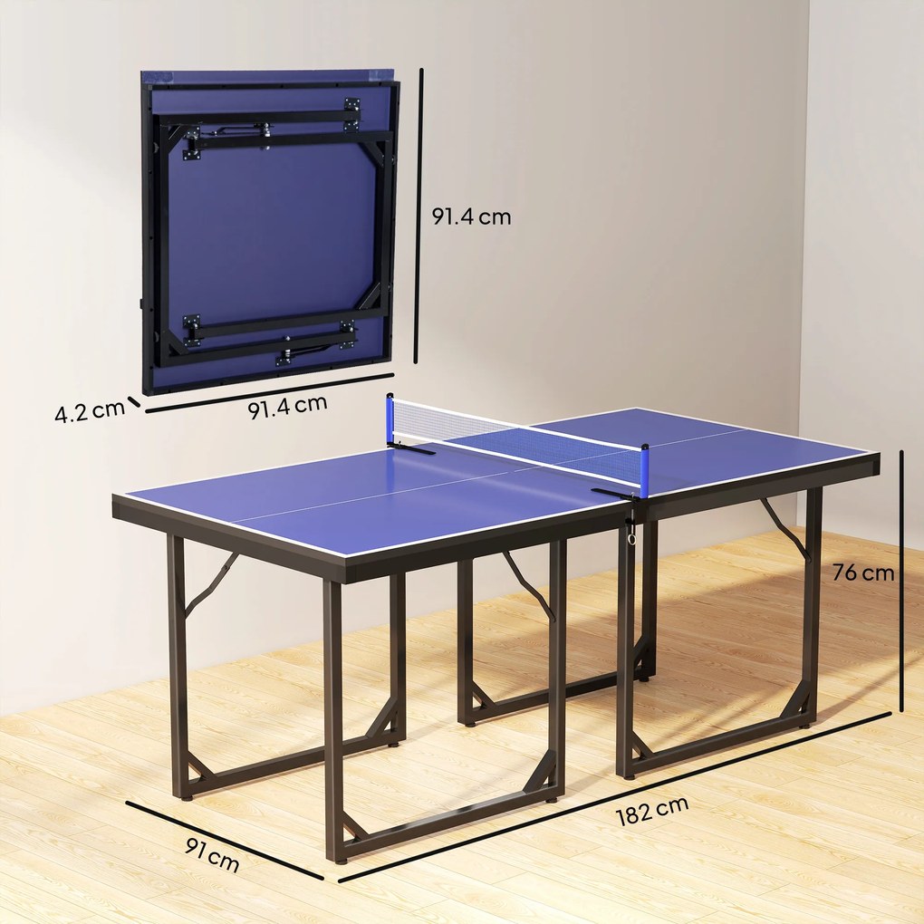 Masa de Ping Pong Pliabila, Multifuncitonala, cu Plasa din Otel si MDF, 182x91x76cm - Albastru HOMCOM | Aosom Romania