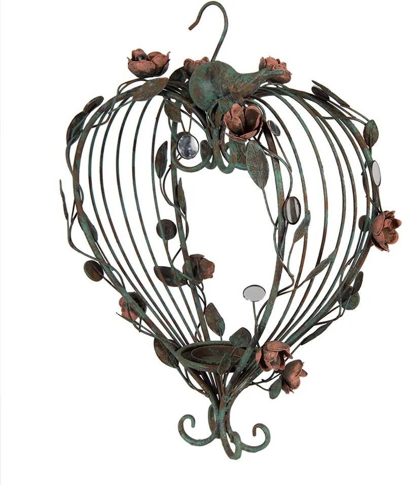 Suport lumanare, verde, din metal, cu agatatoare, in forma de inima, 43x22x60 cm, Heart
