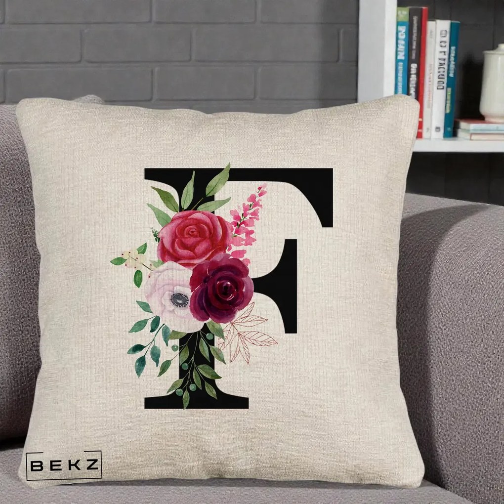 Cadou Personalizat - Perna Personalizata Monograma Florala Litera F, 40x40 cm, Bej Canapea, Husa Detasabila, Perna Inclusa, BEKZ®