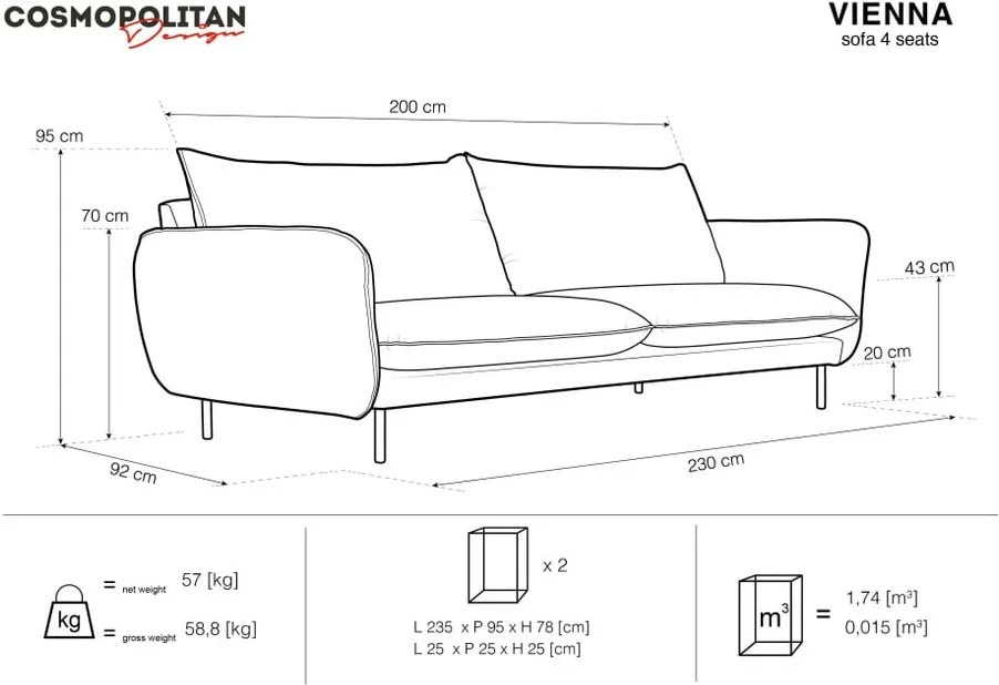 Canapea țesătură catifea Cosmopolitan Design Vienna, 230 cm, bej