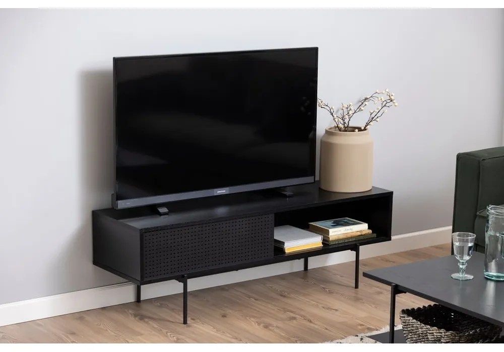 Masă TV neagră cu aspect de lemn de frasin 140x45 cm Angus – Actona