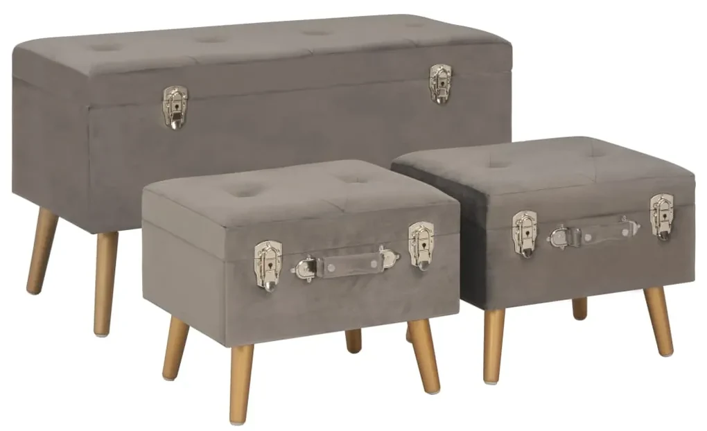 329256 vidaXL Taburete de depozitare, 3 buc., gri, catifea