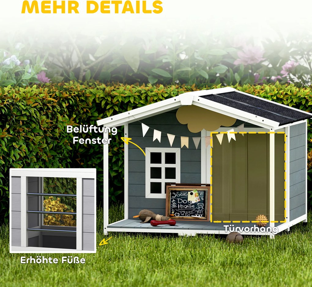 PawHut Cușcă pentru câini rezistentă la intemperii, cușcă înălțată din lemn cu acoperiș din asfalt, terasă, pentru câini de talie medie 103x107x83,5cm Gri | Aosom Romania