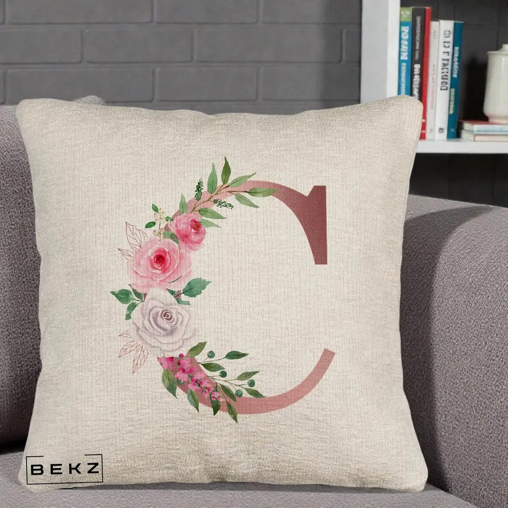 Cadou Personalizat - Perna Personalizata Monograma Rose Gold Litera C, 40x40 cm, Bej Canapea, Husa Detasabila, Perna Inclusa, BEKZ®