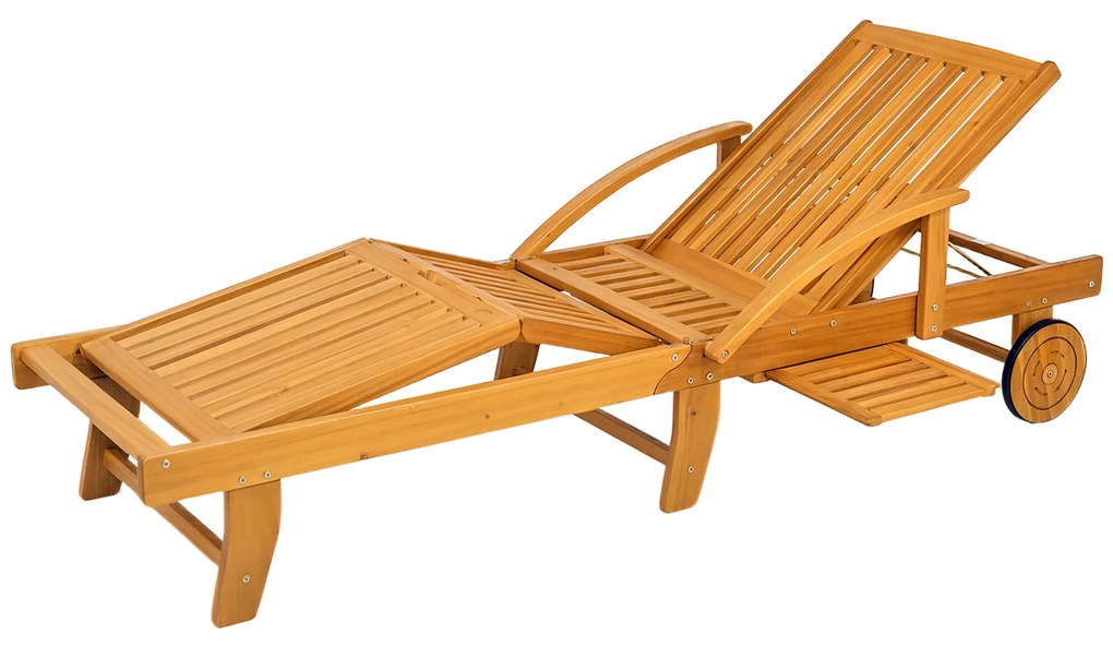 Outsunny Șezlong de grădină pliant din lemn cu masă laterală, role, spătar reglabil în 4 poziții Teak | Aosom Romania