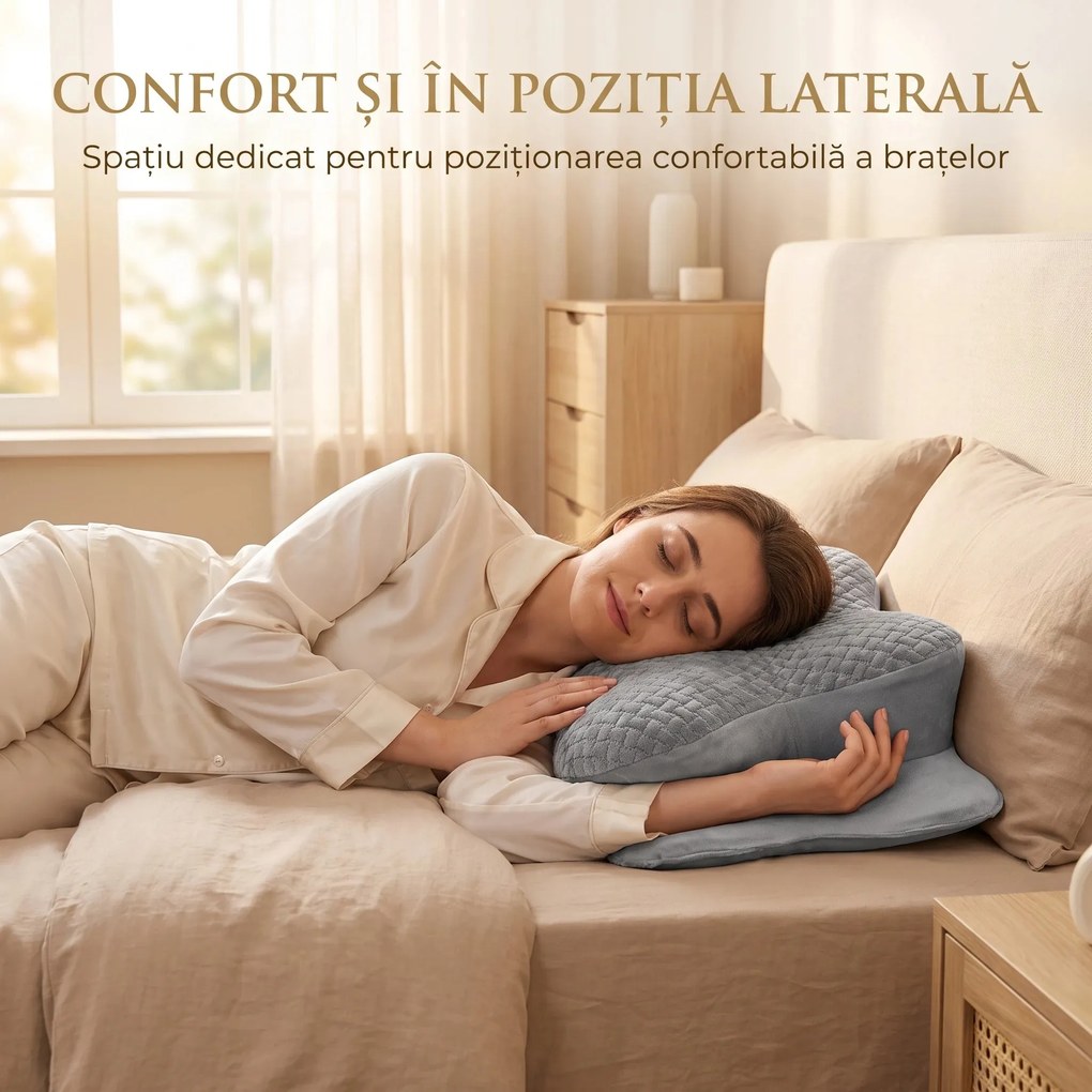Perna cervicala ortopedica memory foam, husa Tencel, Gri
