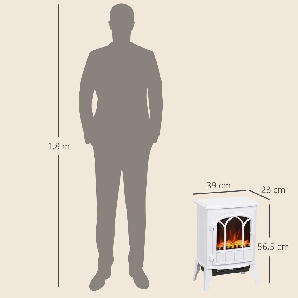 HOMCOM Șemineu Electric de Podea 1000W/2000W Efect de Flacără Luminositate Reglabilă Alb | Aosom Romania