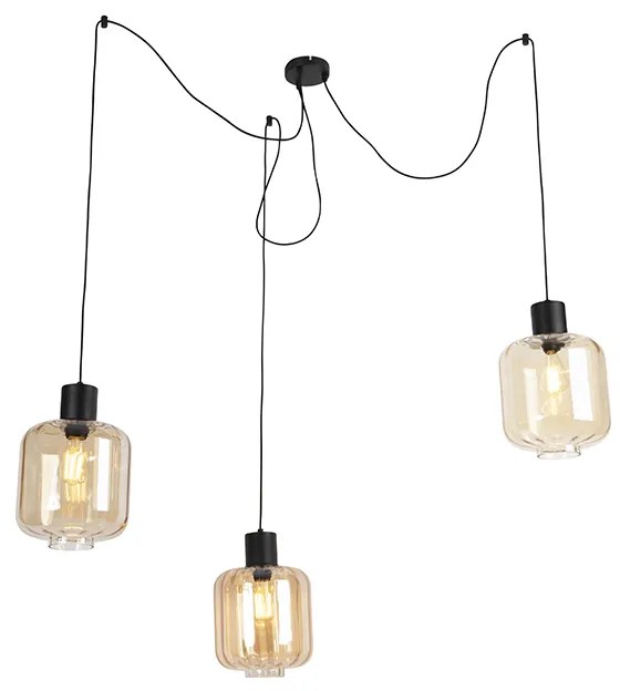 Lampă pendant de design neagră cu sticlă chihlimbar 3 lumini 226 cm - Qara