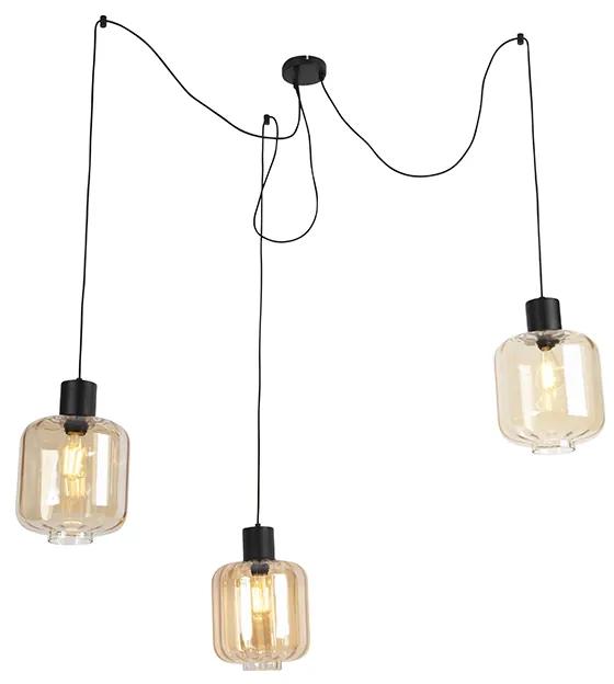 Lampă suspendată design negru cu sticlă chihlimbar 3 lumini 226 cm - Qara