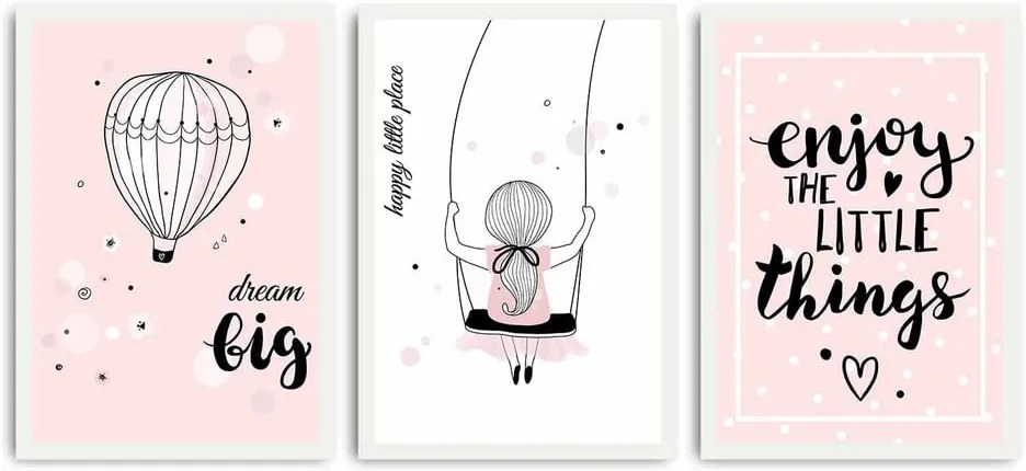 Tablou din 3 piese Baby Pink, 109 x 50 cm