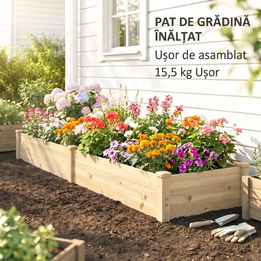 Outsunny Pat Ridicat pentru Cultivat Legume, Lada din Lemn de Brad cu Fund Deschis și Compartimente, 76x30x155 cm, Alb | Aosom Romania