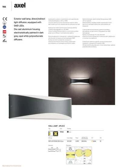 Redo 90126 - Aplică LED de perete pentru exterior AXEL, 7W, 230V, 3000K, IP65, antracit