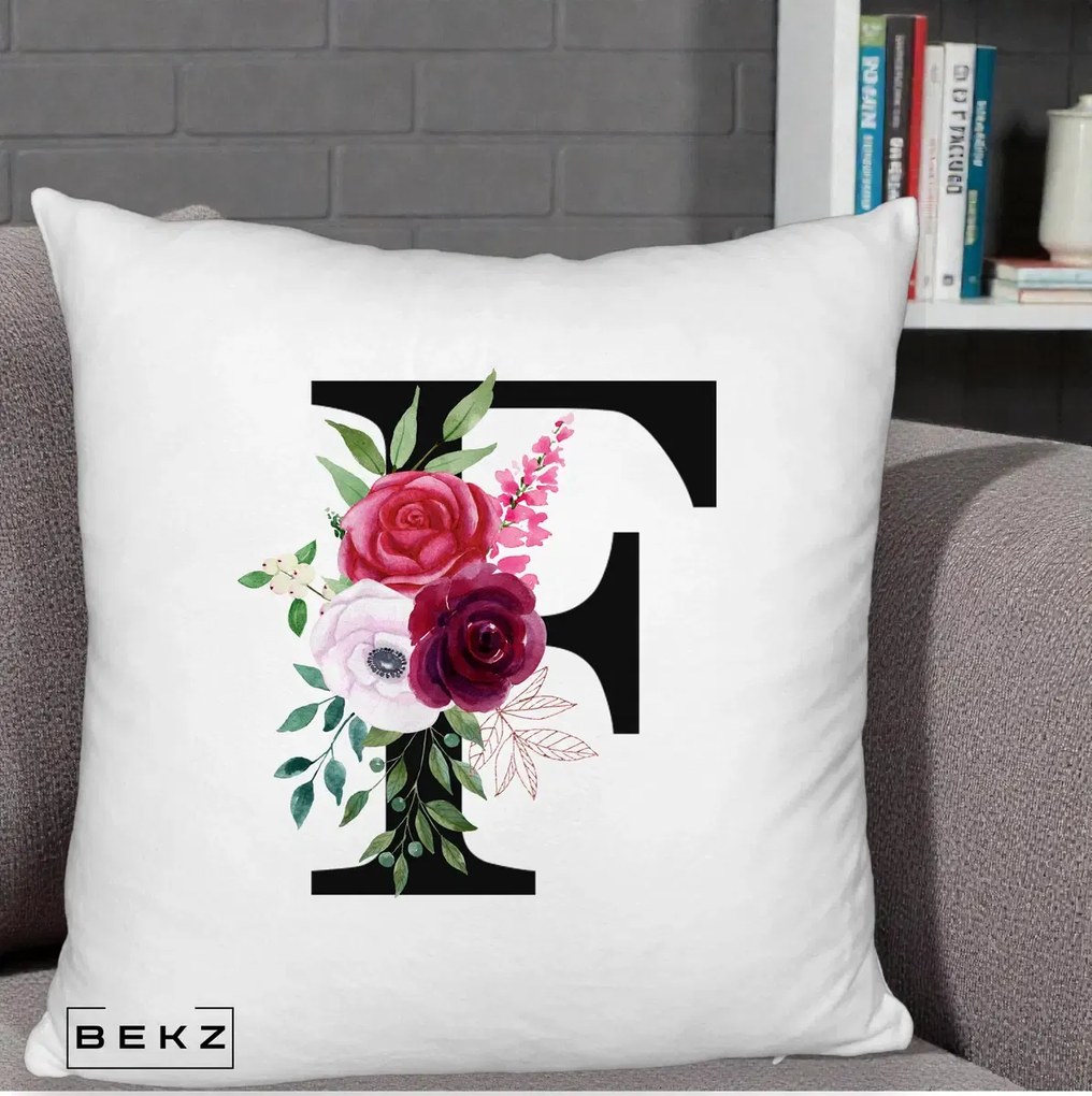 Cadou Personalizat - Perna Personalizata Monograma Florala Litera F, 40x40 cm, Alb Pufos, Husa Detasabila, Perna Inclusa, BEKZ®