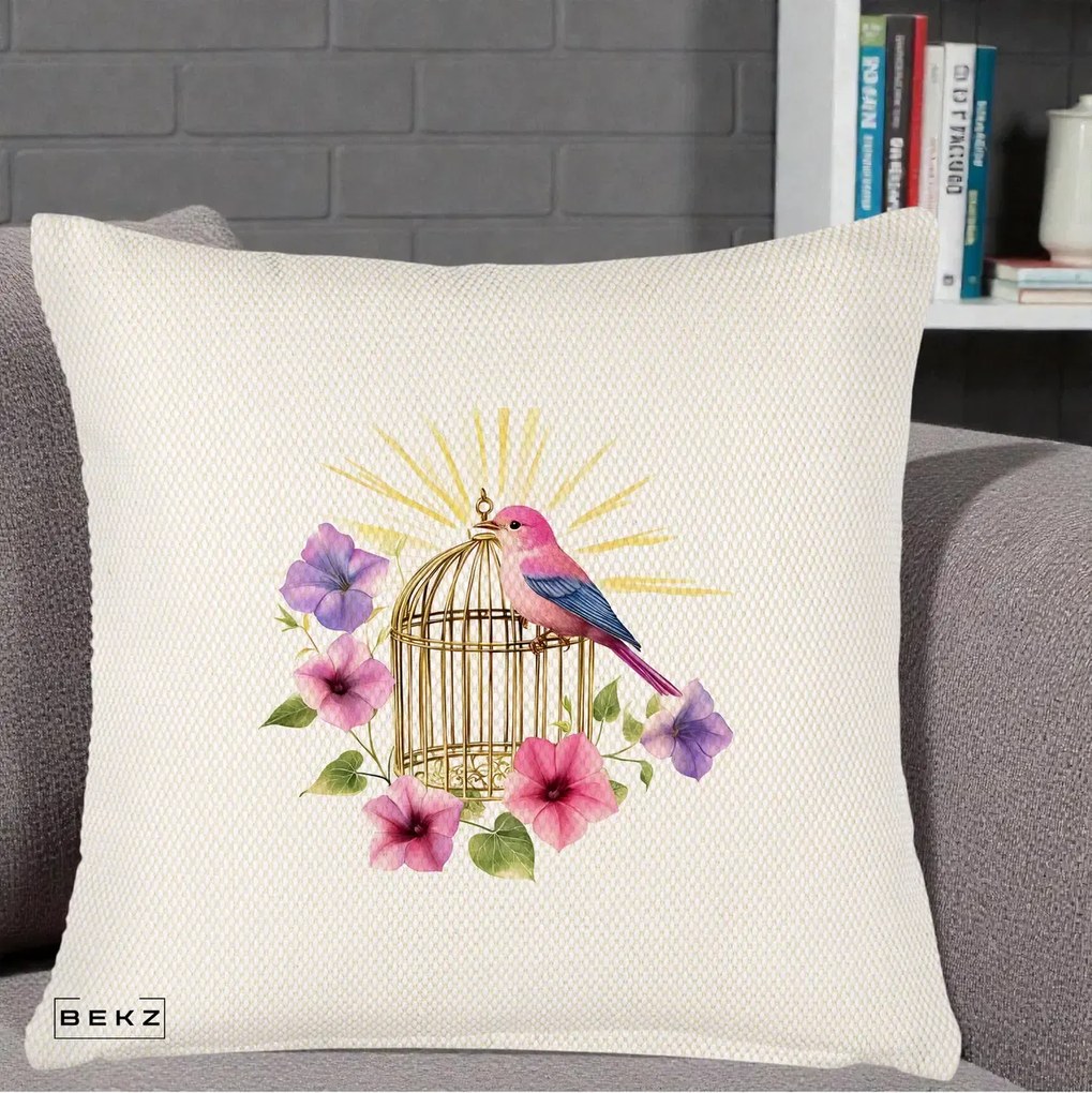 Perna Decorativa Pasare Roz pe Colivie Aurie cu Flori, 40x40 cm, Crem Reliefat, Husa Detasabila, Perna Inclusa, BEKZ®