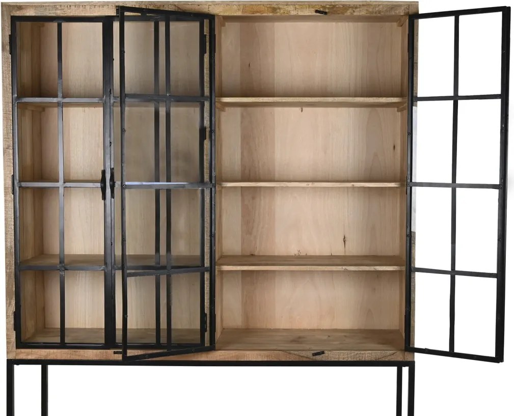 Etajeră din lemn de mango maro și metal negru, cu 4 uși și 1 raft, finisaj natural, 200 x 170 x 45 cm, „Arcole”