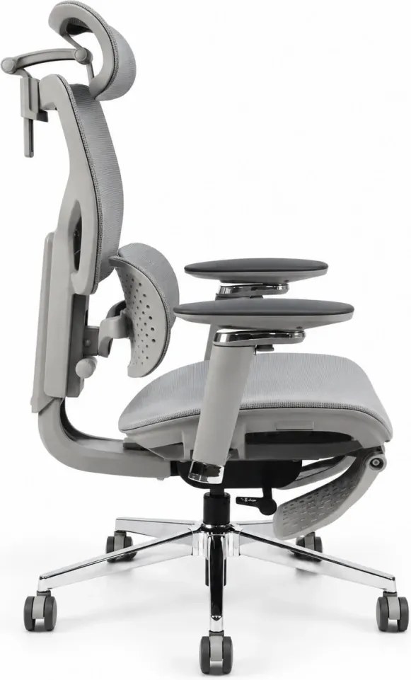 Scaun ergonomic ANEW ARYSE D6, Suport lombar dublu adaptiv 360°, Cotiere 5D, Tetieră 3D, Șezut mesh, Mecanism sensibil la greutate, Bază cromată, Suport pentru picioare, Gri