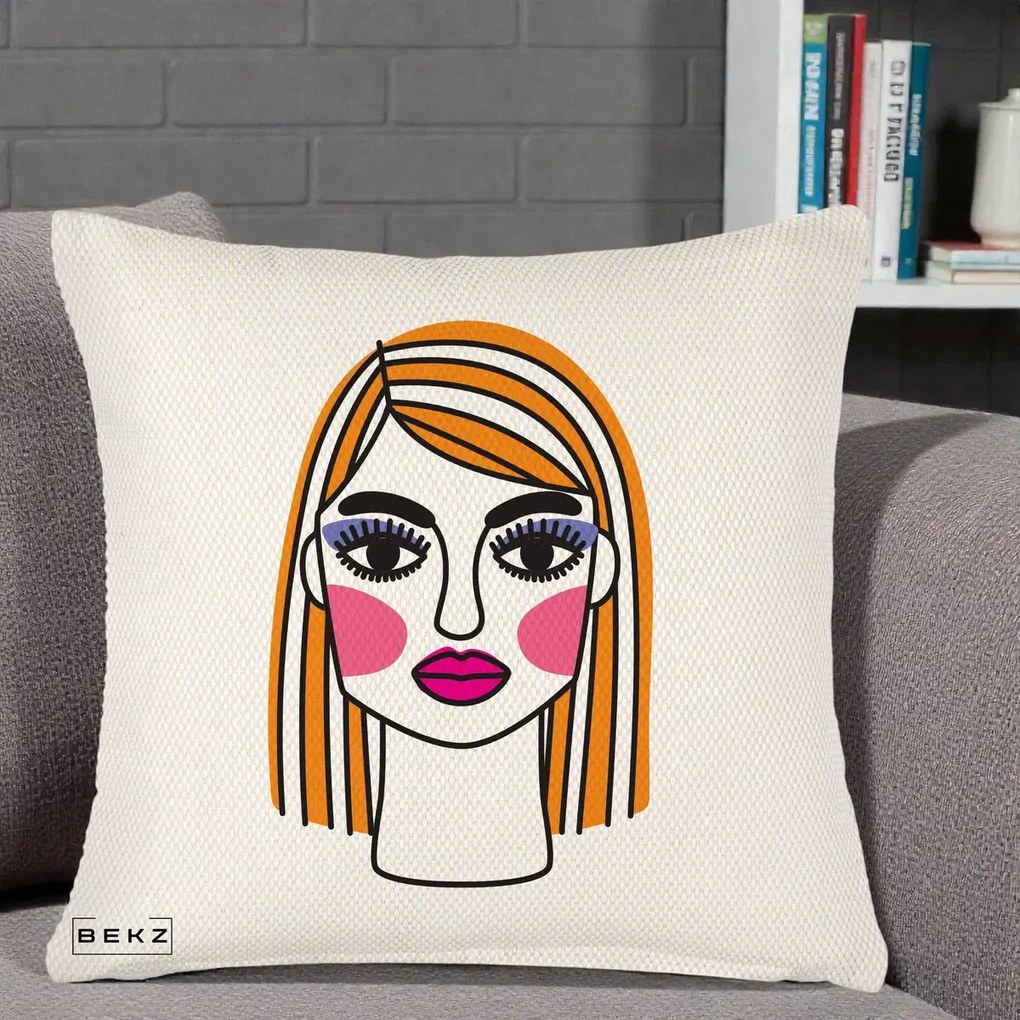 Perna Decorativa Portret Pop Art Fata, 40x40 cm, Crem Reliefat, Husa Detasabila, Perna Inclusa, BEKZ®