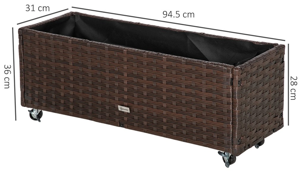 Jardiniera Inaltata Outsunny din Ratan Sintetic cu Roti Blocabile pentru Interior si Exterior, 94.5x31x36cm, Maro | Aosom Romania