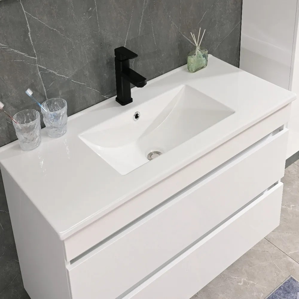 Mască de baie Cube 100 cu chiuvetă ceramică, 2 sertare, vopsită în alb lucios