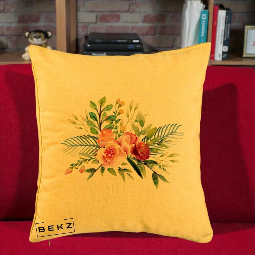 Perna Decorativa Buchet Flori Acuarela Roz-Verde, 40x40 cm, Galben, Husa Detasabila, Perna Inclusa, BEKZ®