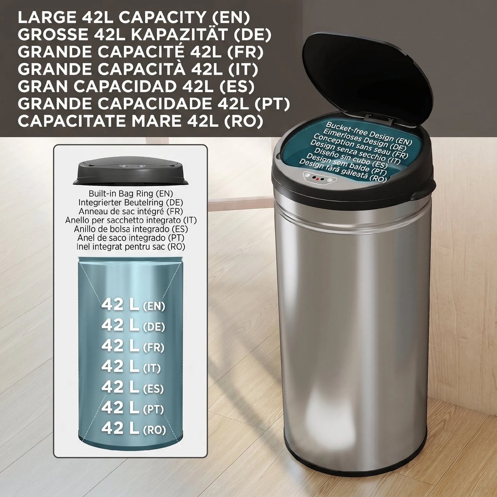 Coș de gunoi HOMCOM de 42L cu Senzor de Mișcare și Deschidere Automată, din Oțel Inoxidabil și ABS, 30.5x30.5x68 cm, Negru și Argintiu | Aosom Romania
