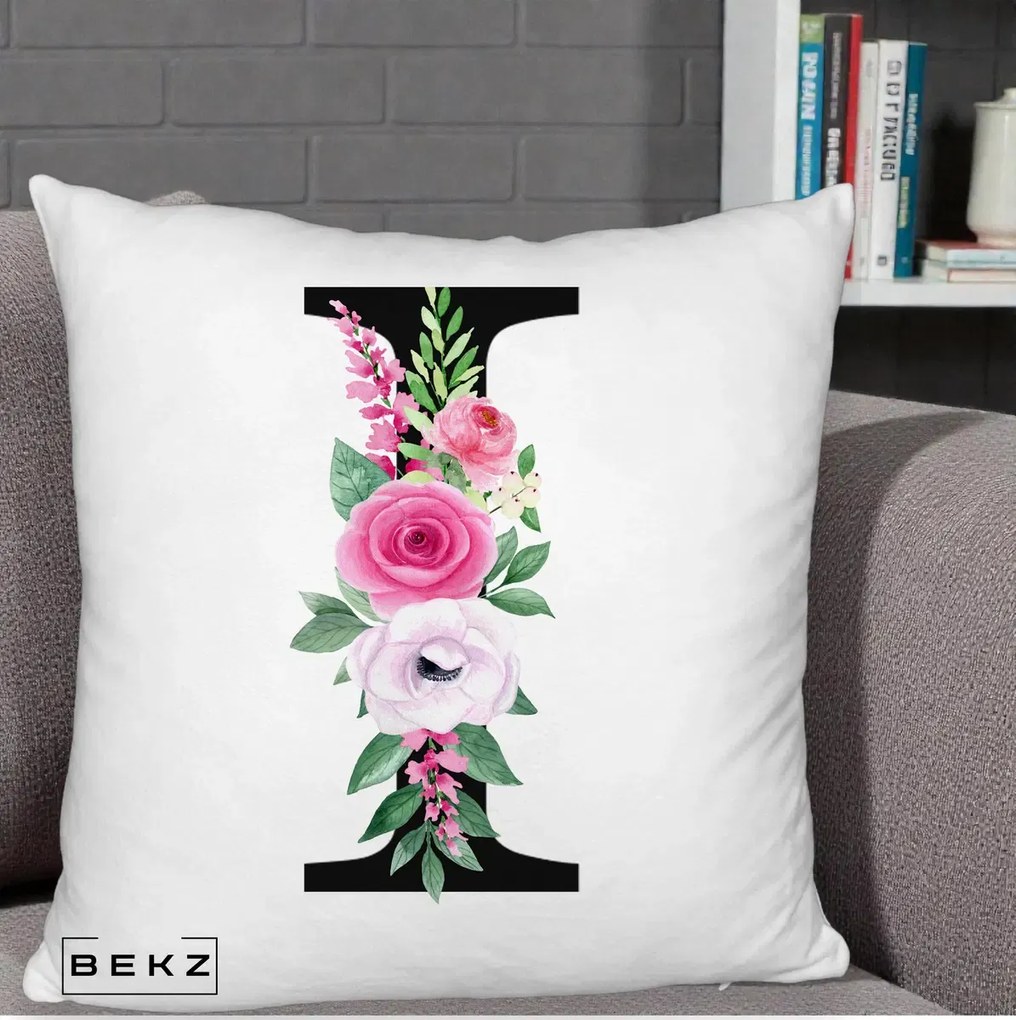Cadou Personalizat - Perna Personalizata Monograma Florala Litera I, 40x40 cm, Alb Pufos, Husa Detasabila, Perna Inclusa, BEKZ®
