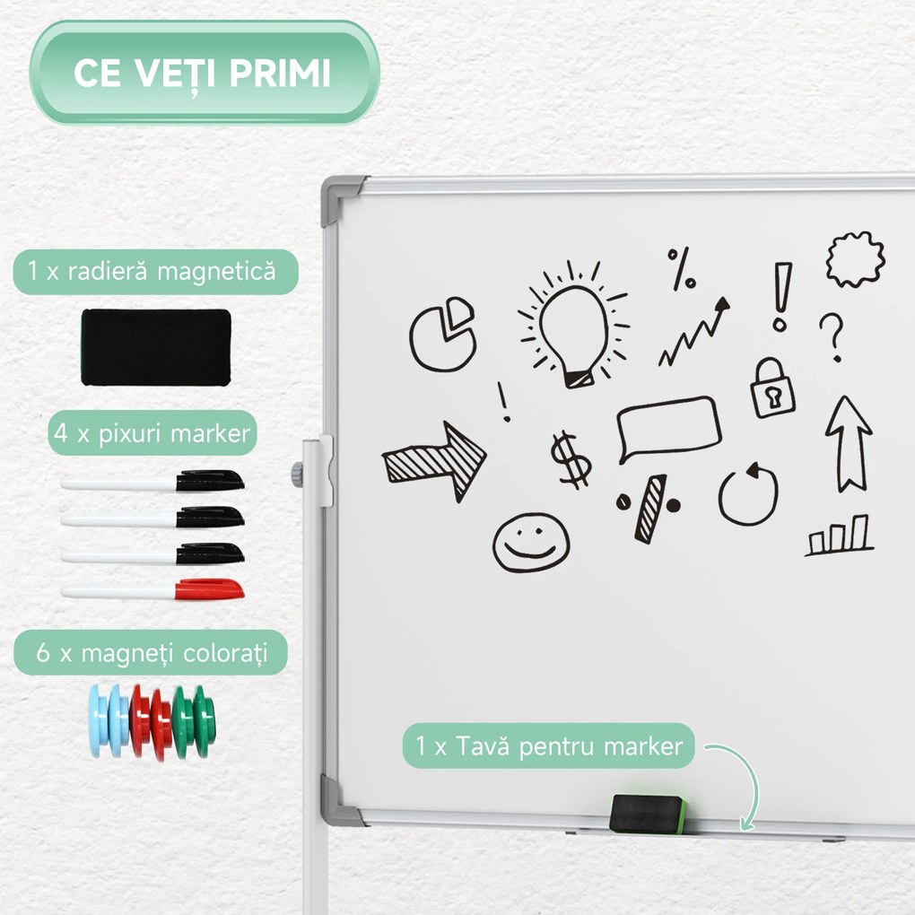 HOMCOM Tablă Magnetică cu 2 Fețe, Tablă Rotativă la 360° cu 3 Nivele Reglabile, Burete și Marker-e, 127x50x165 cm, Alb | Aosom Romania