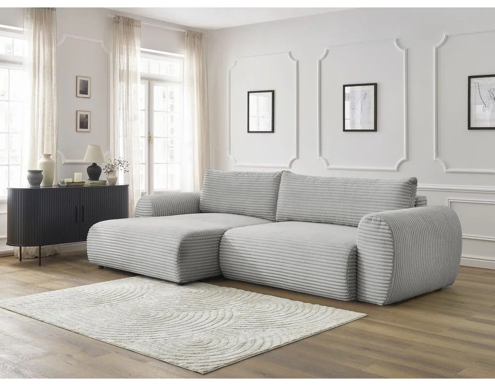 Colțar gri deschis extensibil cu tapițerie din catifea reiată (cu colț pe partea stângă ) Lucien – Bobochic Paris