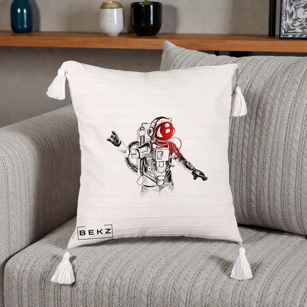 Perna Decorativa Astronaut Rock Sketching, 40x40 cm, Bej cu Franjuri, Husa Detasabila, Perna Inclusa, BEKZ®